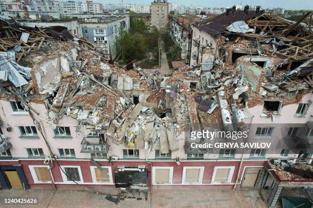 An aerial view taken on May 3, 2022 the destroyed Hotel Ukraine in the northern Ukrainian city of Chernigiv, amid the Russian invasion of Ukraine. -...