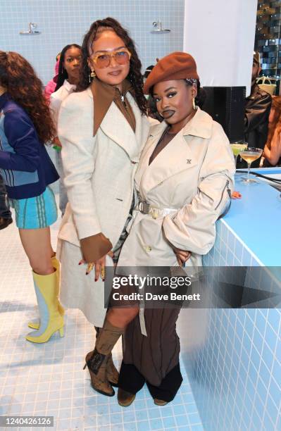 Joy Crookes and Mata Marielle attend the launch of Jacquemus "Le Bleu" in the Selfridges Corner Shop on May 3, 2022 in London, England.