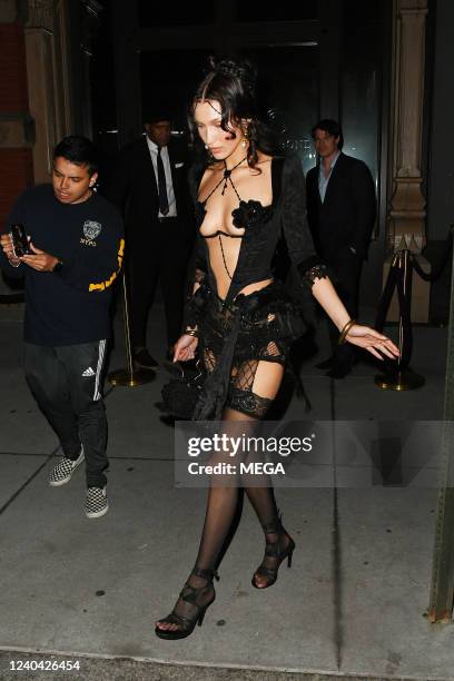 Bella Hadid is seen arriving at the Casa Cipriani Met Gala after-party on May 3, 2022 in New York, New York.