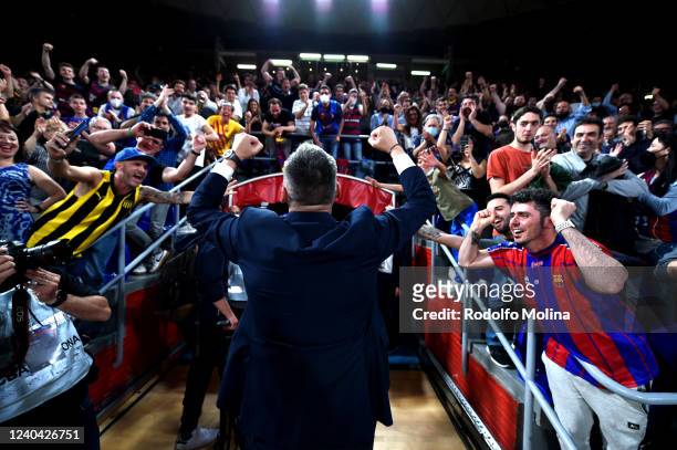 Sarunas Jasikevicius, Head Coach of FC Barcelona celebrates at the end of the Turkish Airlines EuroLeague Play Off Game 5 match between FC Barcelona...