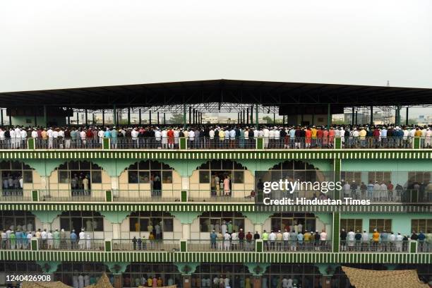 Muslims offer prayers on the occasion of Eid-Ul-Fitr at the Sector 8 Jama Masjid on May 3, 2022 in Noida, India. Muslims around the world are getting...
