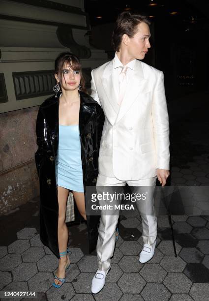 Violetta Komyshan and Ansel Elgort are seen arriving to the Casa Cipriani Met Gala after-party on May 3, 2022 in New York, New York.