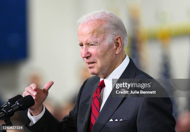 President Joe Biden speaks to employees at Lockheed Martin, a facility which manufactures weapon systems such as Javelin anti-tank missiles, on May...