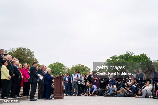 Members of the media are seen as Sen. Patty Murray speaks as other Senate Democrats listen during a news conference about the leaked Supreme Court...