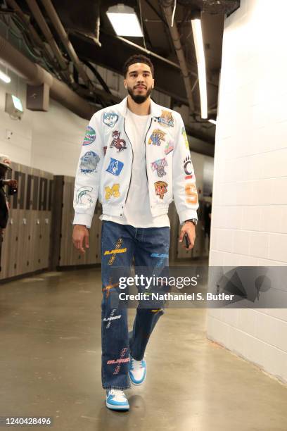 Jayson Tatum of the Boston Celtics arrives at the arena before the game against the Milwaukee Bucks during Game Two of the 2022 NBA Playoffs Eastern...