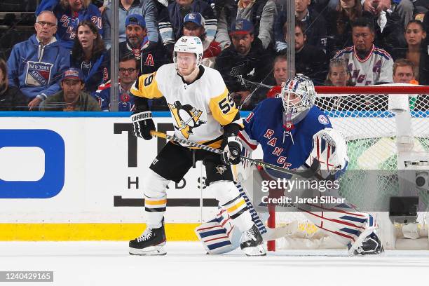 Jake Guentzel of the Pittsburgh Penguins screens Igor Shesterkin of the New York Rangers in Game One of the First Round of the 2022 Stanley Cup...