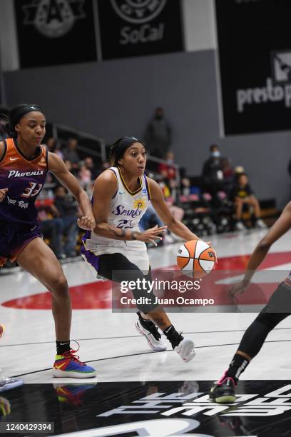 Arella Guirantes of the Los Angeles Sparks dribbles the ball during the game against the Phoenix Mercury during the 2022 WNBA pre-season on April 30,...