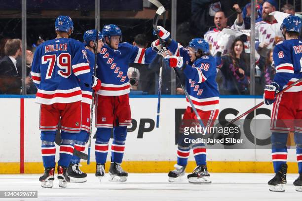 Andrew Copp of the New York Rangers celebrates his second period goal at 3:08 against the Pittsburgh Penguins in Game One of the First Round of the...