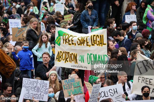 Thousands of protesters are gathered at the Foley Square in New York City, United States on May 3. Tuesday after the leak of a draft majority opinion...