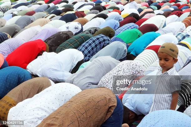 Muslim devotees perform the Eid al-Fitr prayer at the Galle Face Green in Colombo, Sri Lanka on May 03, 2022.