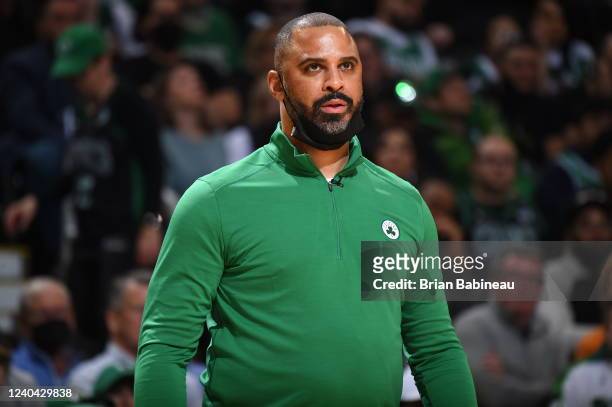 Head Coach Ime Udoka of the Boston Celtics looks on during Game 2 of the 2022 NBA Playoffs Eastern Conference Semifinals against the Milwaukee Bucks...