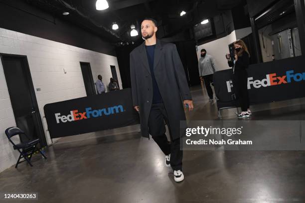 Stephen Curry of the Golden State Warriors arrives to the arena before the game against the Memphis Grizzlies during Game 2 of the 2022 NBA Playoffs...