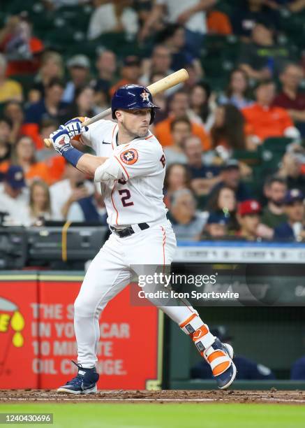 Houston Astros third baseman Alex Bregman watches the pitch in the bottom of the first inning during the baseball game between the Seattle Mariners...