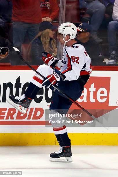 Evgeny Kuznetsov of the Washington Capitals celebrates his goal in the second period against the Florida Panthers in Game One of the First Round of...