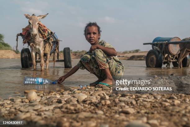 Girl collects water with a bottle in the Shabelle river in the city of Gode, Ethiopia, on April 8, 2022. The worst drought to hit the Horn of Africa...