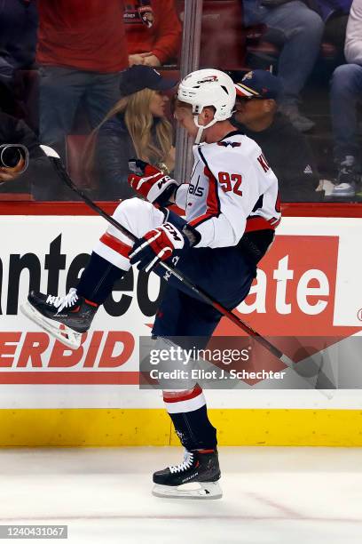 Evgeny Kuznetsov of the Washington Capitals celebrates his goal in the third period against the Florida Panthers in Game One of the First Round of...