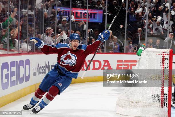 Devon Toews of the Colorado Avalanche celebrates a goal against the Nashville Predators in Game One of the First Round of the 2022 Stanley Cup...