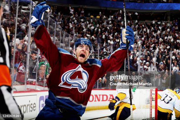 Devon Toews of the Colorado Avalanche celebrates a goal against the Nashville Predators in Game One of the First Round of the 2022 Stanley Cup...