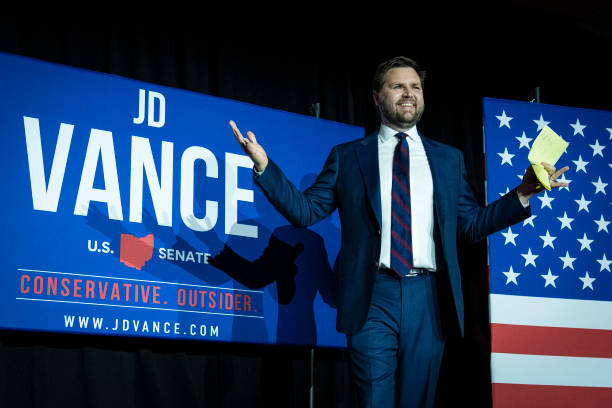 Republican U.S. Senate candidate J.D. Vance arrives onstage after winning the primary, at an election night event at Duke Energy Convention Center on...