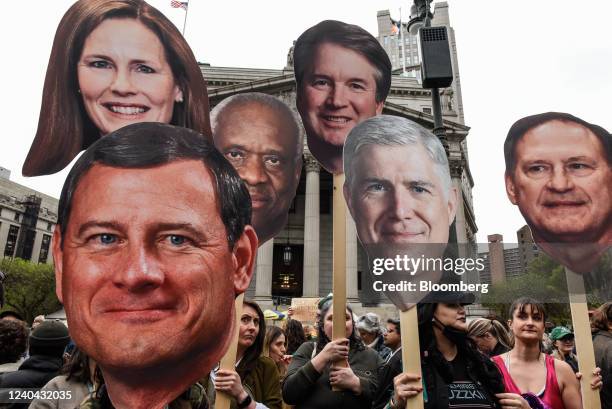 Demonstrators with signs of U.S. Supreme Court Justices during an abortion-rights protest in New York, U.S., on Tuesday, May 3, 2022. Abortion rights...