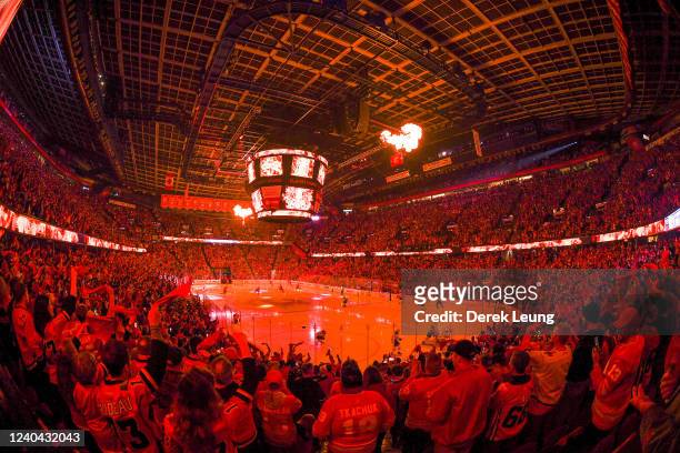 General view of the interior of the Scotiabank Saddledome prior to Game One of the First Round of the 2022 Stanley Cup Playoffs between the Calgary...