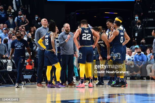 Head Coach Taylor Jenkins of the Memphis Grizzlies leads huddle during the game against the Golden State Warriors during Game 2 of the 2022 NBA...