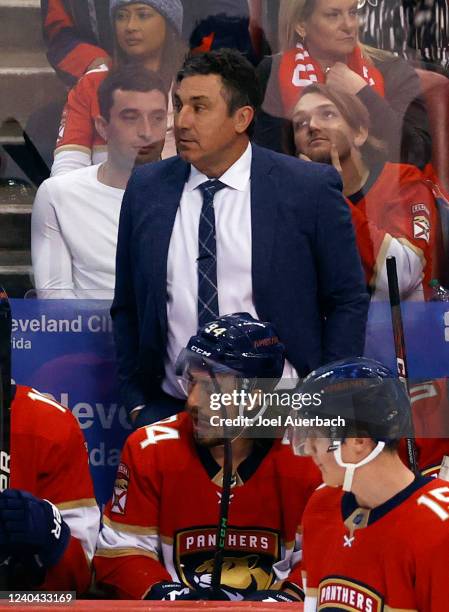 Interim head coach Andrew Brunette of the Florida Panthers looks on during the third period against the Washington Capitals in Game One of the First...