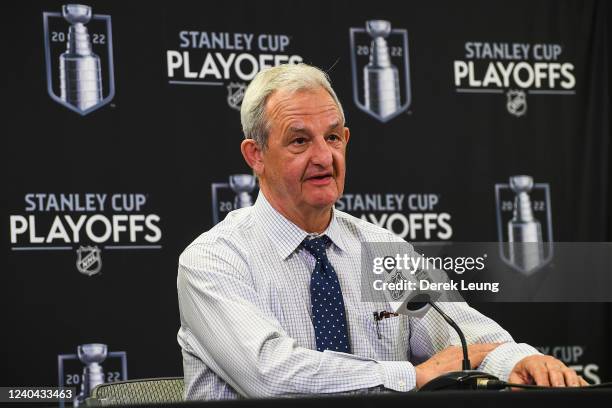 Head coach Darryl Sutter of the Calgary Flames speaks to media after defeating the Dallas Stars 1-0 during Game One of the First Round of the 2022...