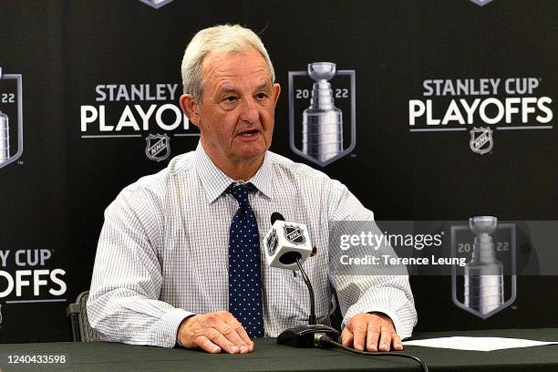 Head coach Darryl Sutter of the Calgary Flames addresses the media after the game against the Dallas Stars in Game One of the First Round of the 2022...