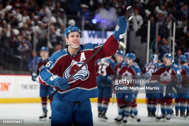 Mikko Rantanen of the Colorado Avalanche celebrates a win against the Nashville Predators in Game One of the First Round of the 2022 Stanley Cup...