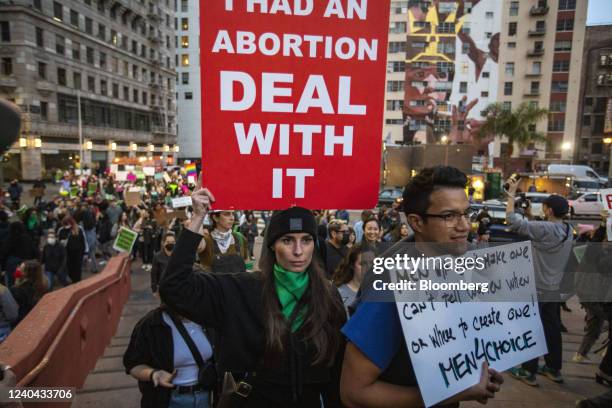 Demonstrators during an abortion-rights protest at Pershing Square in Los Angeles, California, U.S., on Tuesday, May 3, 2022. Abortion rights...