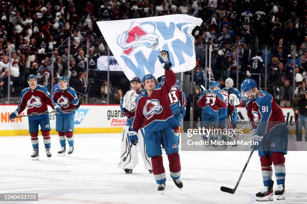 Samuel Girard of the Colorado Avalanche celebrates a win against the Nashville Predators in Game One of the First Round of the 2022 Stanley Cup...