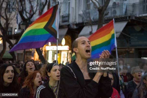 Protest rally by LGBTQ members and other activists three year since the murder of LGBTQ activist Zak Kostopoulos in Athens, Greece on May 3, 2022.
