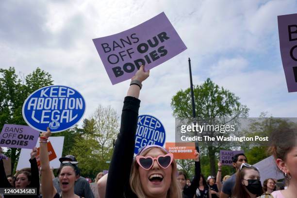 Peyton Newsome of Woodbridge, Va joins abortion rights advocates in front of the U.S. Supreme Court on May 3, 2022 in Washington, District of...
