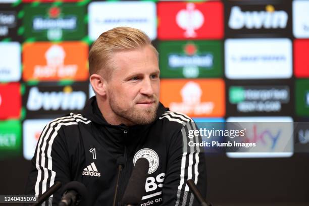 Kasper Schmeichel of Leicester City attends a press conference and training session at Leicester City Training Ground, Seagrave on May 04, 2022 in...