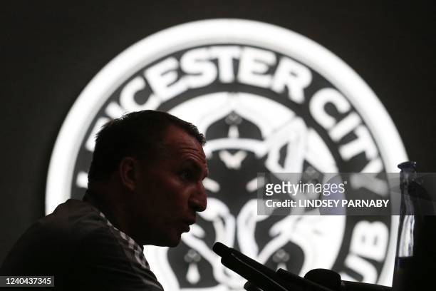 Leicester City's Northern Irish manager Brendan Rodgers holds a press conference at the club's training ground in Leicester, central England, on May...