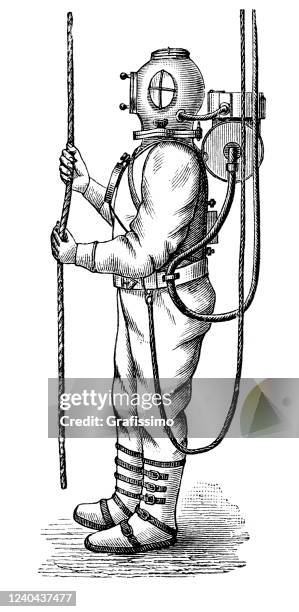 man in diving suit 1897 - diving stock illustrations
