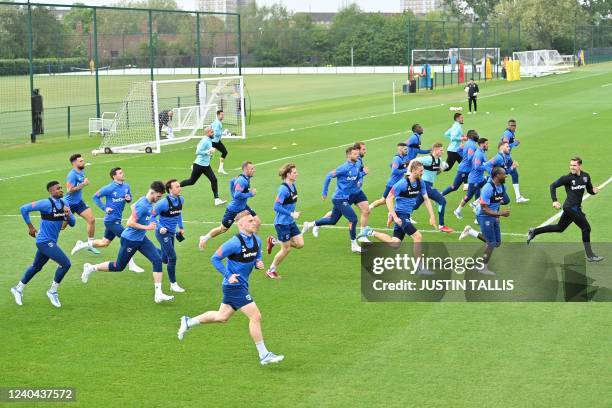 West Ham United's team players attend a training session at West Ham United's training ground in east London, on May 4 on the eve of their UEFA...