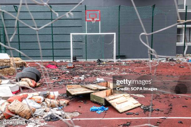 The private soccer field of a condominium is damaged. Bucha, a town on the outskirts of the Ukrainian capital Kyiv, was controlled by Russian...