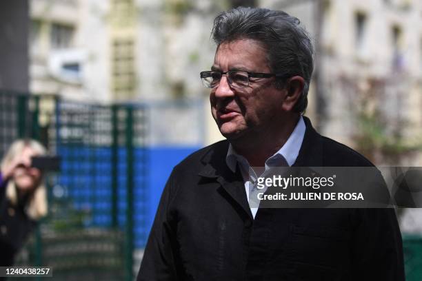 French leftist movement La France Insoumise's leader and three times presidential candidate Jean-Luc Melenchon arrives at LFI's headquarters in Paris...