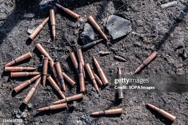 Ak-47 bullets are seen on the ground. Bucha, a town on the outskirts of the Ukrainian capital Kyiv, was controlled by Russian soldiers for about a...