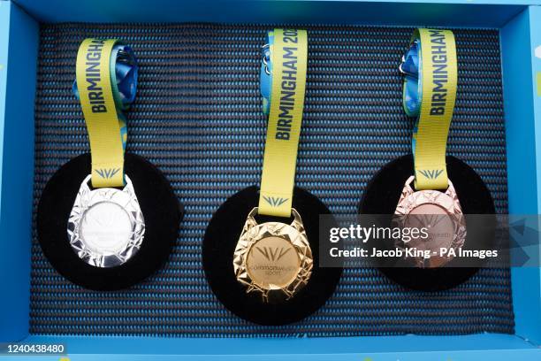 The gold, silver and bronze medals on display during the Birmingham 2022 Commonwealth Games medal unveiling at The Roundhouse, Birmingham. Picture...