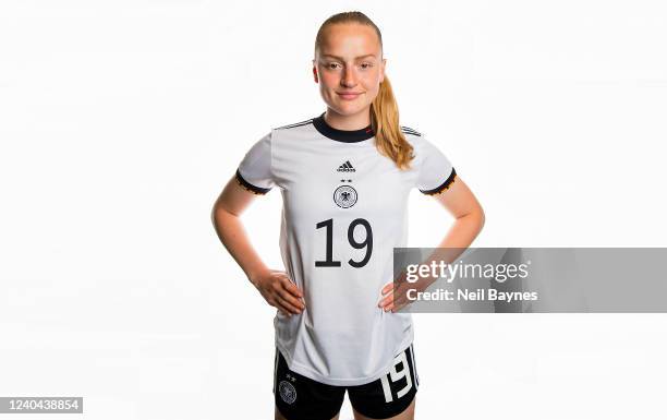 Tessa Blumenberg of the German National U17 Girls Soccer Team poses during a portrait photoshoot on April 28, 2022 at the Hyatt Place Frankfurt...