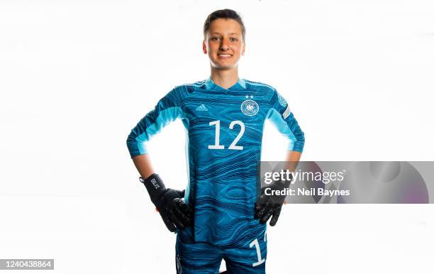 Lina Altenburg of the German National U17 Girls Soccer Team poses during a portrait photoshoot on April 28, 2022 at the Hyatt Place Frankfurt Airport...