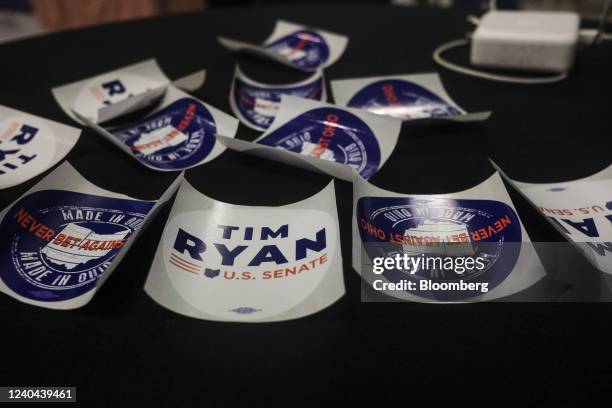 Campaign stickers for Representative Tim Ryan, a Democrat from Ohio, during a primary election night event in Columbus, Ohio, U.S., on Tuesday, May...