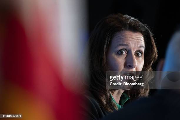Kathy Warden, president and chief executive officer of Northrop Grumman Corp., speaks during an interview at an Economic Club of Washington event in...