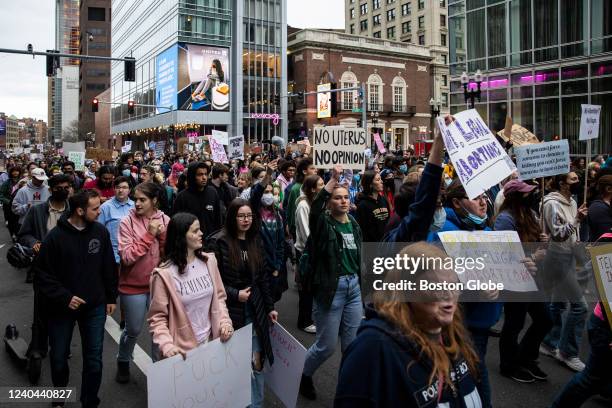 Hundreds of pro-choice activists march down Stuart Street during a protest at the Massachusetts State House in Boston, MA on May 03, 2022. Pro-choice...