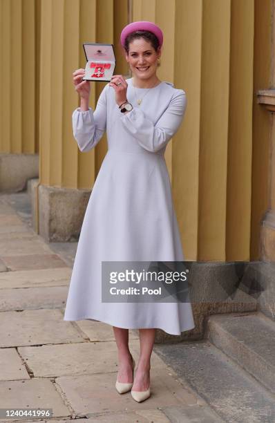Modern Pentathlete Kate French after she was made an MBE during an investiture ceremony at Buckingham Palace on May 4, 2022 in London, England.