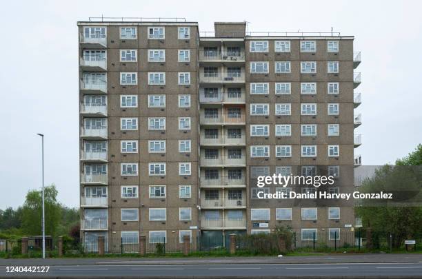 Condemned high rise block of council flats due for demolition with some of its windows covered over by sheet metal, as the country's Prime Minister...