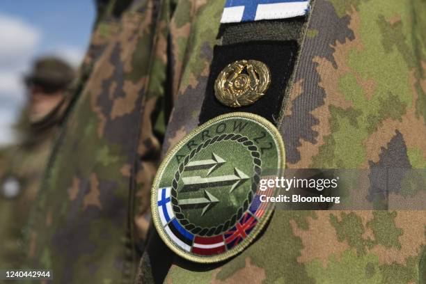 Badge with Arrow 22 exercise insignia during the Finnish Army Arrow 22 training exercise, with participating forces from the U.K., Latvia, U.S. And...